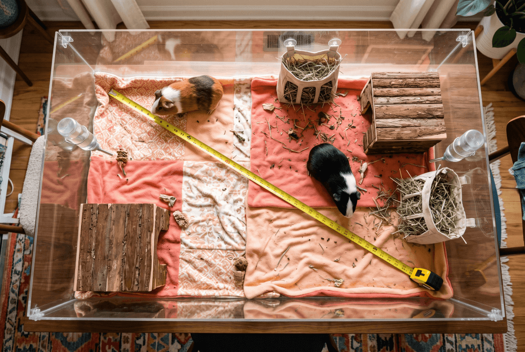 Measuring the floor space of a spacious guinea pig cage with a tape measure