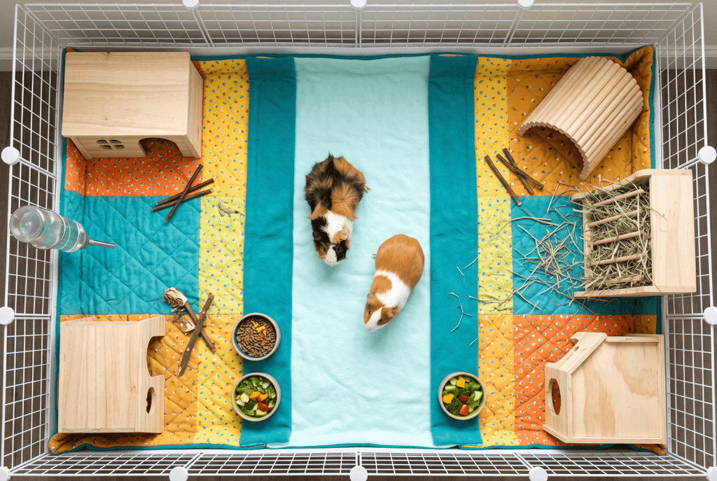 Guinea pig cage layout with three hides and an open running lane