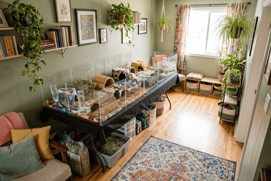 Guinea pig cage on a long table in a calm room with space to expand