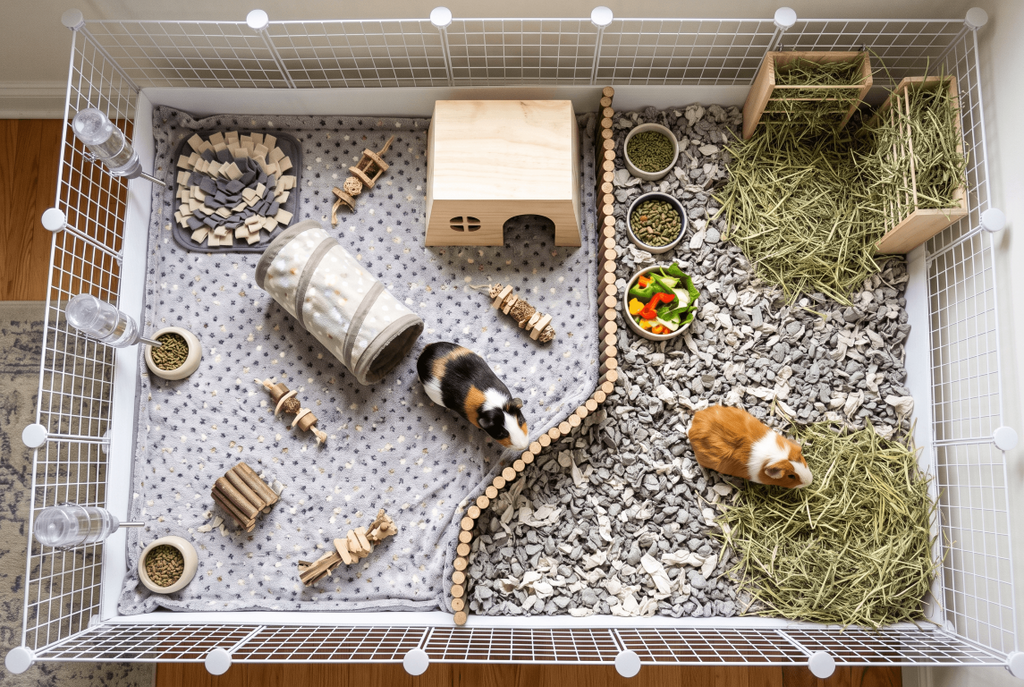 Guinea pig cage using fleece and paper bedding in different areas