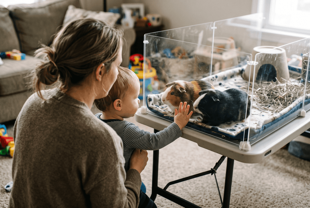 Our toddler watching the boys through the clear cage panel