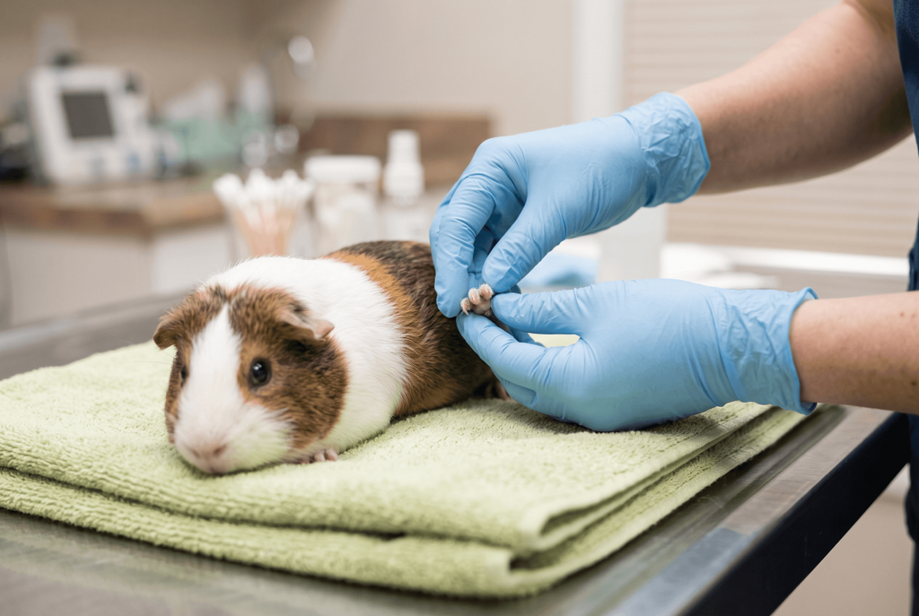 Vet checking a guinea pig's foot