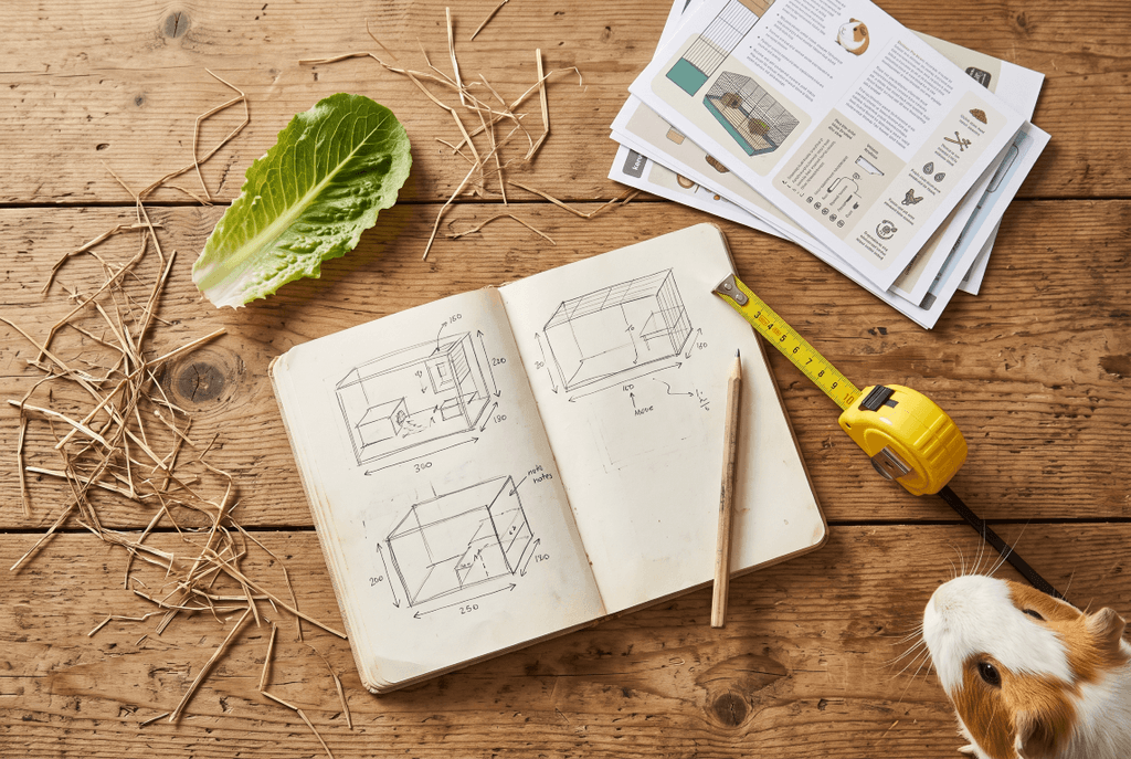 Comparing guinea pig cage size guidelines with a notebook and tape measure