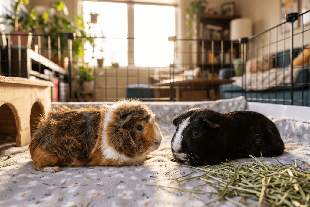 Two guinea pigs relaxing on fresh bedding