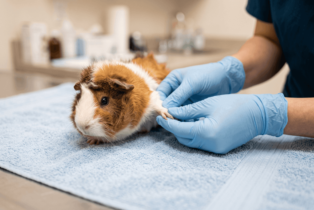 Veterinarian gently checking a guinea pig's foot