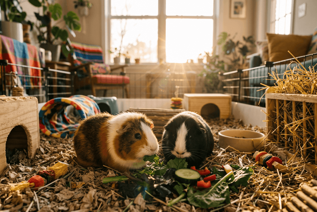 Two happy guinea pigs relaxing in a spacious cage at sunset