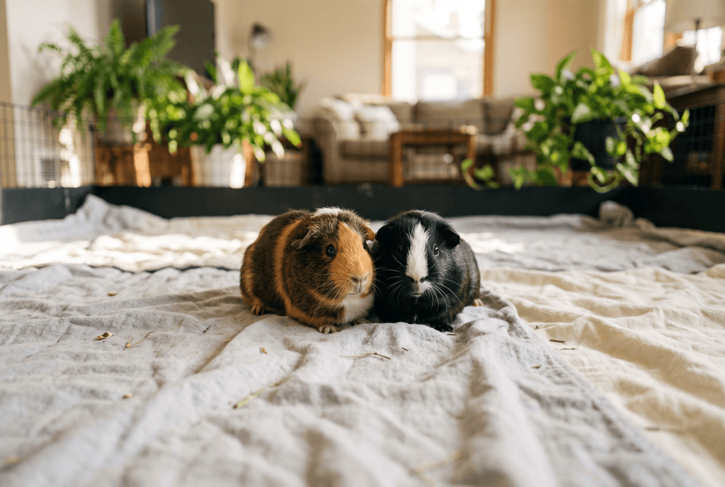 Two happy guinea pigs relaxing in a spacious cage at sunset