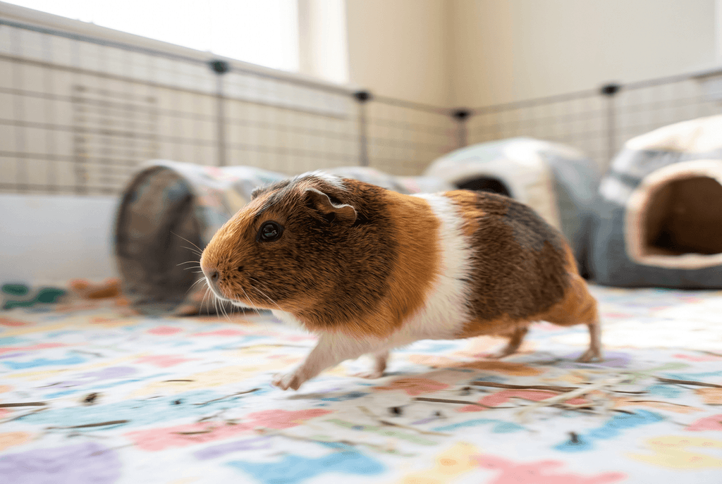 Guinea pig running across the open floor of a large cage