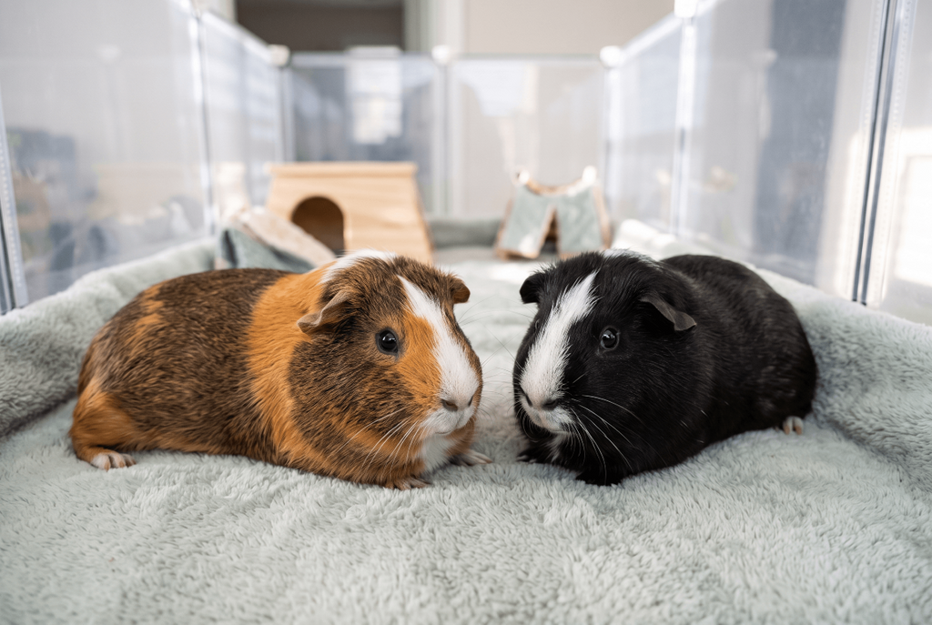 Two guinea pigs on a washable fleece cage liner