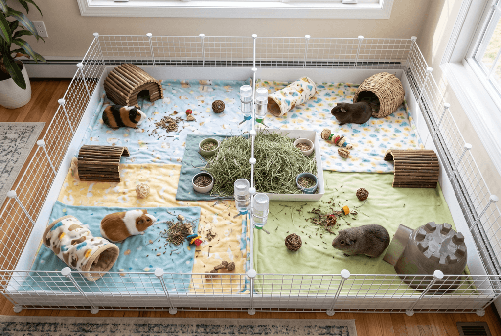 Four guinea pigs sharing a large cage with a hide for each