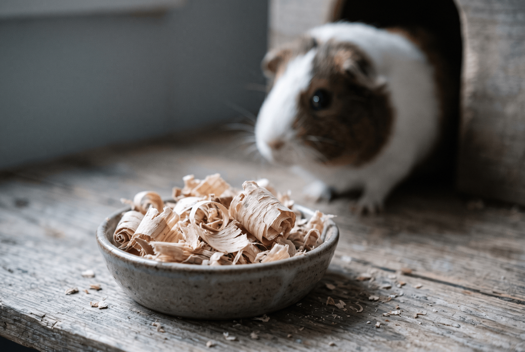 Pine shavings with a guinea pig in the background