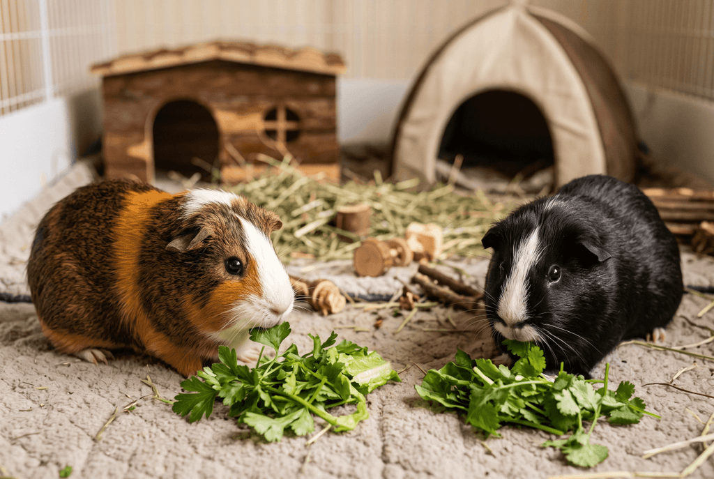 Two male guinea pigs eating from separate food piles