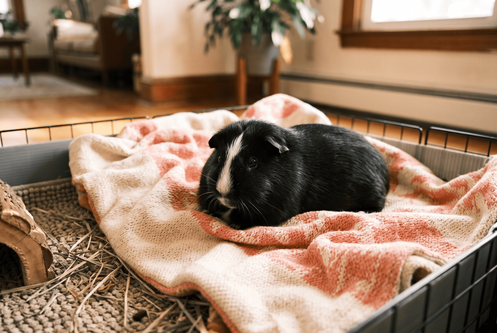 Guinea pig resting on a cotton blanket used as bedding