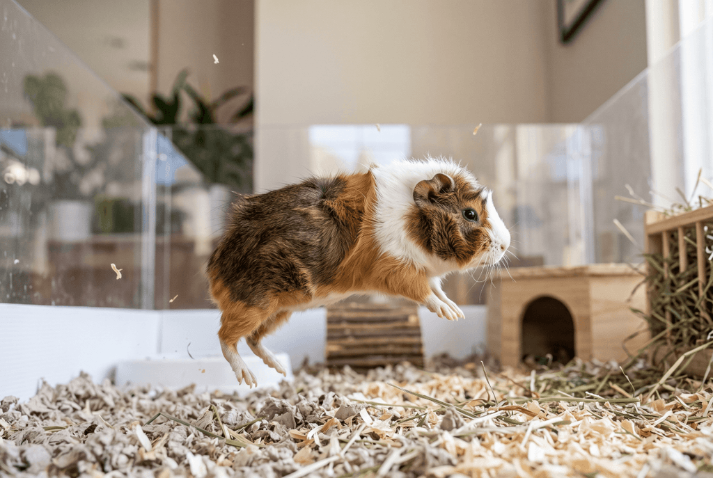 Young guinea pig popcorning with headroom above it
