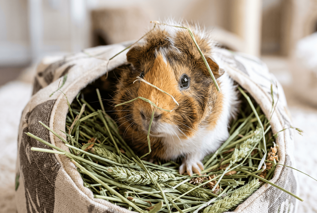 Guinea pig peeking out of a hay bag