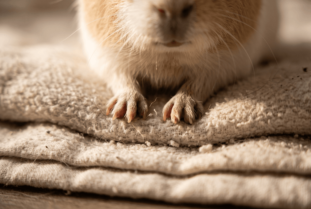 Close-up of guinea pig feet on soft bedding over a solid cage floor