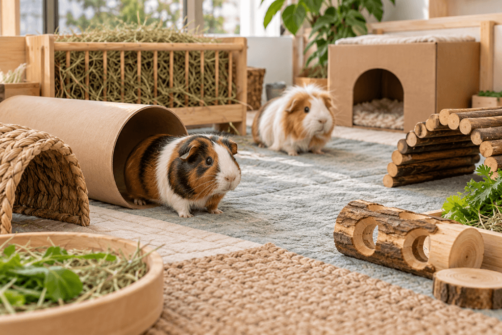 Guinea pig hay station with fresh hay, water and food inside a spacious enclosure.