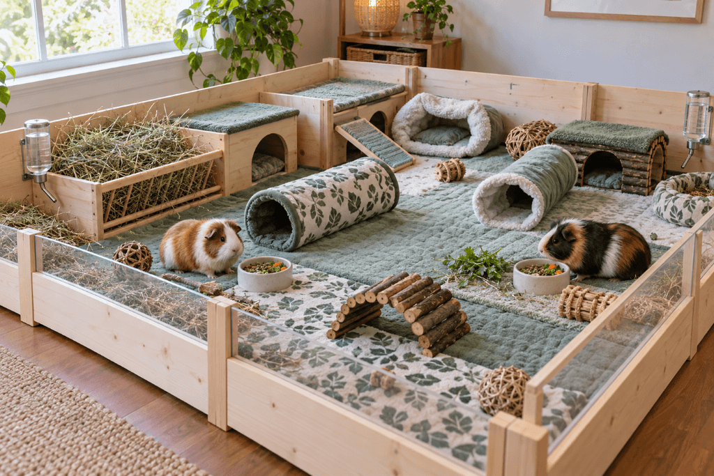 Spacious indoor guinea pig cage setup with hides, hay, water and open floor space.