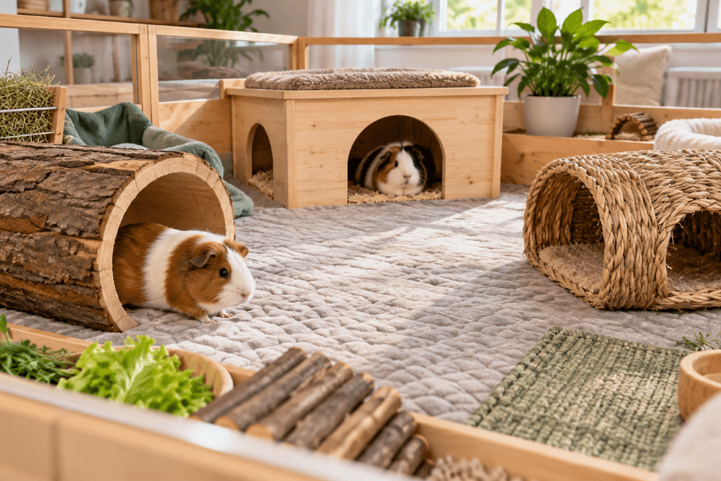 Guinea pig cage positioned safely away from direct sunlight, drafts and electrical cords.