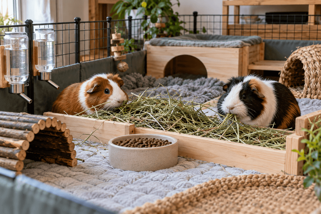 Guinea pig cage with multiple hideouts and open-ended tunnels for two guinea pigs
