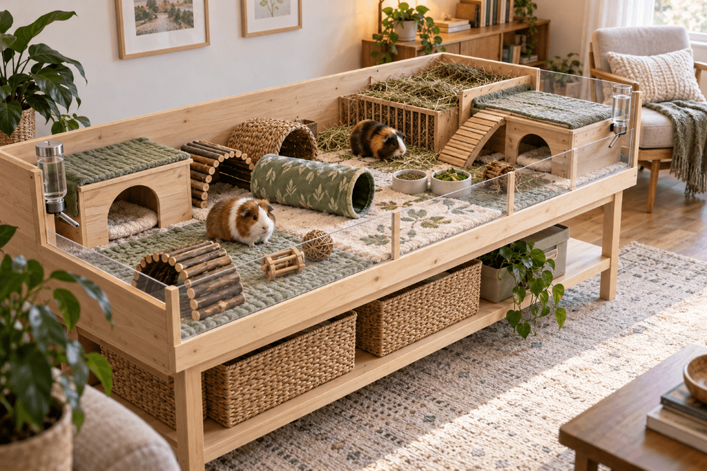 Large guinea pig enclosure with open floor space and several hiding areas.